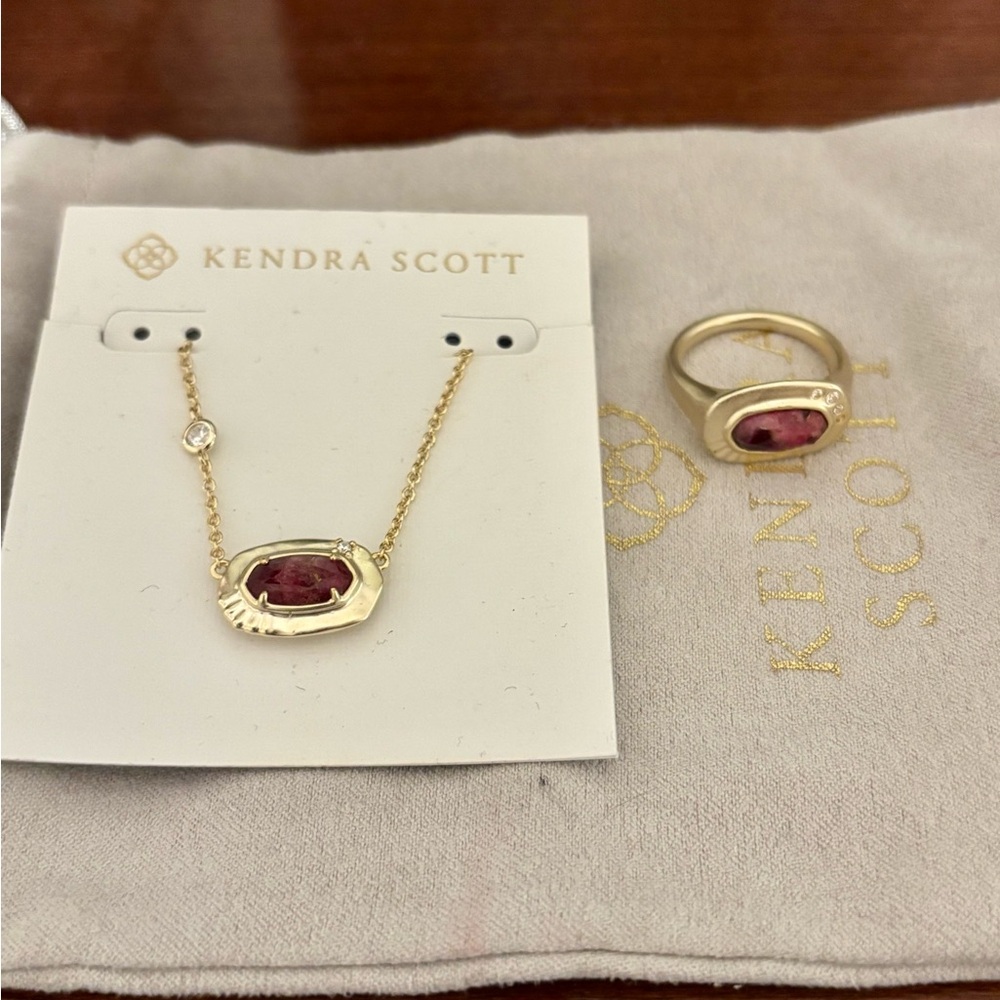Kendra Scott Gold Necklace and matching Ring with Pink/Red Stone